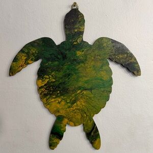 Original Abstract Art 13x14 Turtle Green,Yellow,Black Handmade